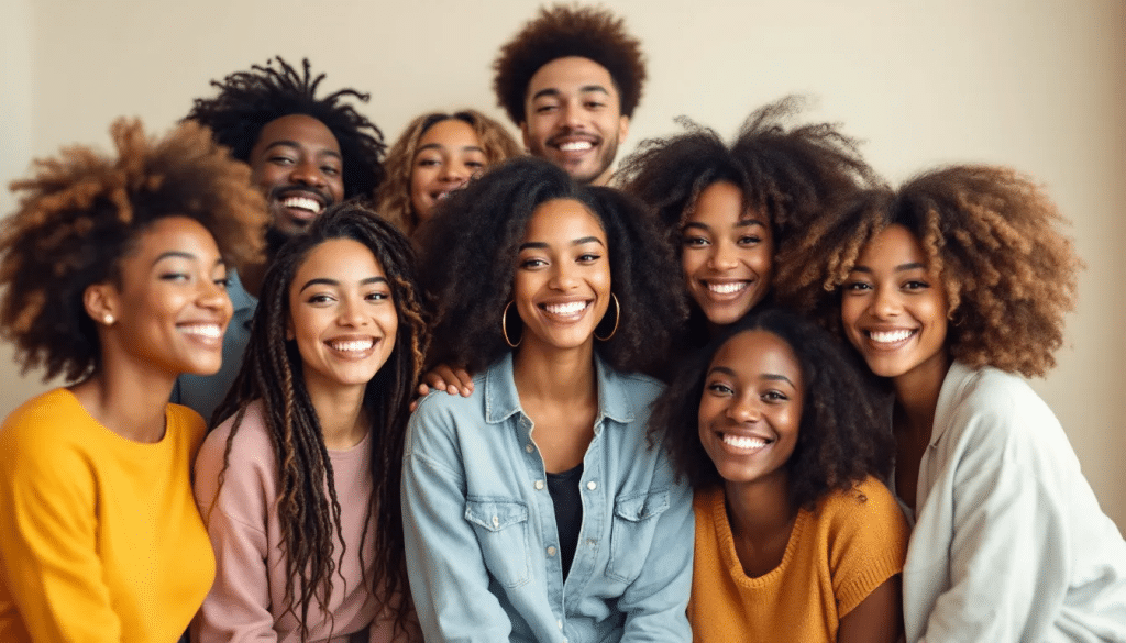 he image features a diverse group of people joyfully showcasing their beautifully styled natural curls, each with unique curl types. They are gathered together, embodying a sense of community and celebration of curly hair, reflecting the welcoming atmosphere of a curly hair salon.