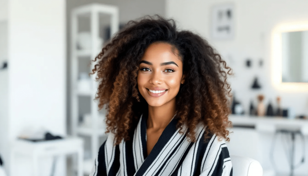 The image shows a person with beautiful, natural curls sitting in a modern salon chair, enjoying a styling session with a skilled stylist. This curly hair salon provides a safe space for clients to embrace their unique hair types and receive expert care.
